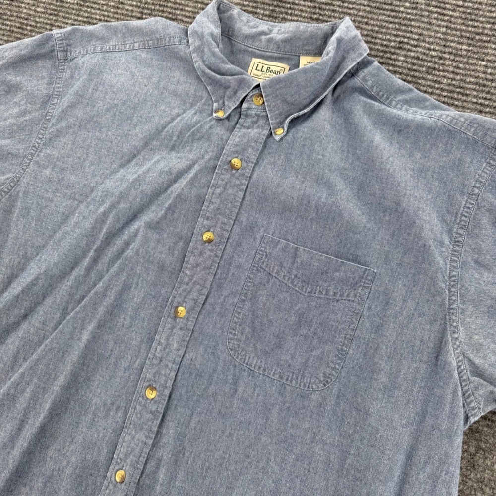 LL Bean Mens XL Tall Blue Chambray Short Sleeve Button Down Shirt 100% Cotton
